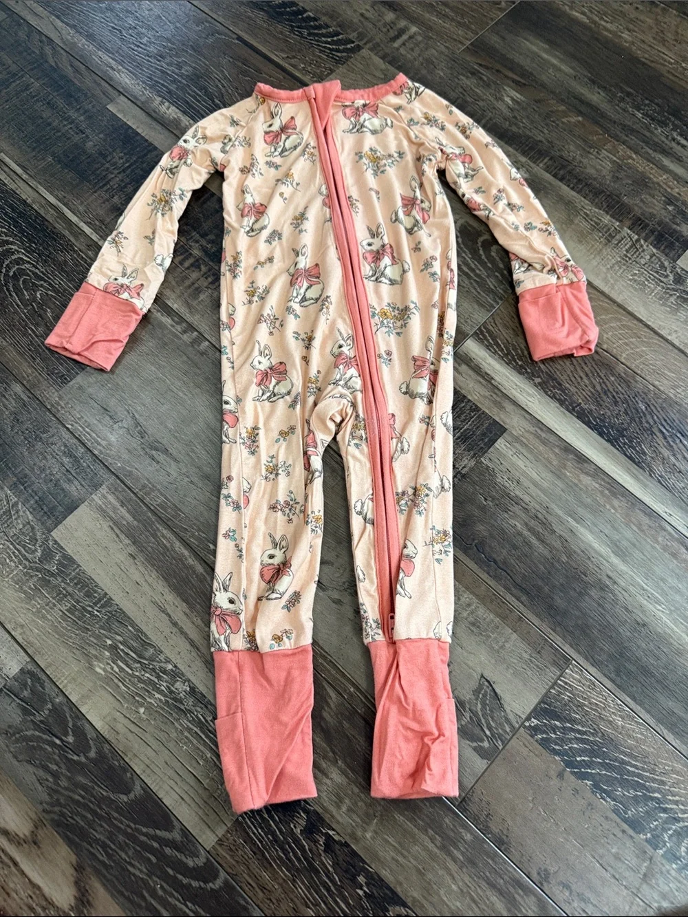 Peach Bunny Print Kids Footed One-Piece with Coral Trim